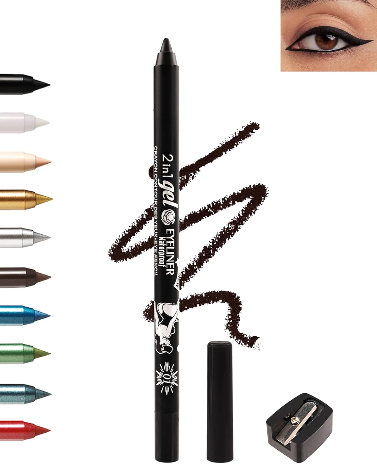 Black Gel Eyeliner Pencil, Sharpenable Eye Liner Waterproof Smudge proof Long Lasting, Matte Gel Cream Smooth Texture, Intense Color Waterline Eyeliner Pen Makeup with Sharpener, Delineador De Ojos-01