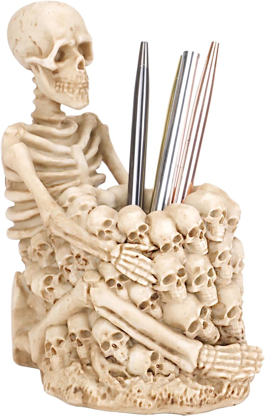 Skull Pen Holder for Desk, Halloween Gothic Pen Organizer, Creative Skeleton Makeup Brush Holder Pencil Holder Spooky Gifts for Women Man Home Office Desktop Decor