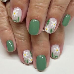 White Flowers Press on Nails Short Square Fake Nails Light Green False Nails Glossy Full Cover Stick on Nails Acrylic Spring Summer Artificial Nails for Women Glue on Nails 24 Pcs