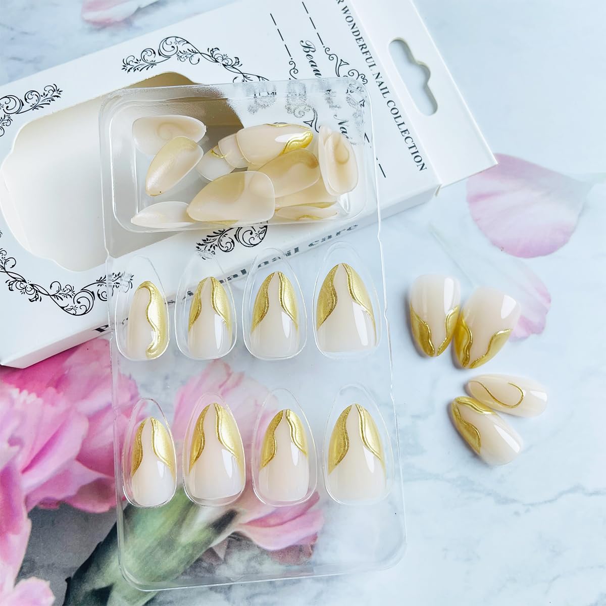 Almond Shaped Short Chrome Gold French Tip Press On Nails 24 Piece Set - Image 3
