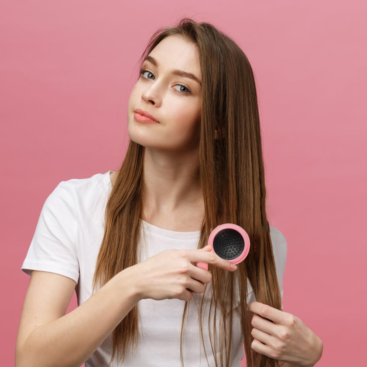 2-Piece Pink Mini Folding Travel Hair Brush Set with Integrated Mirror for Women and Girls - Image 3