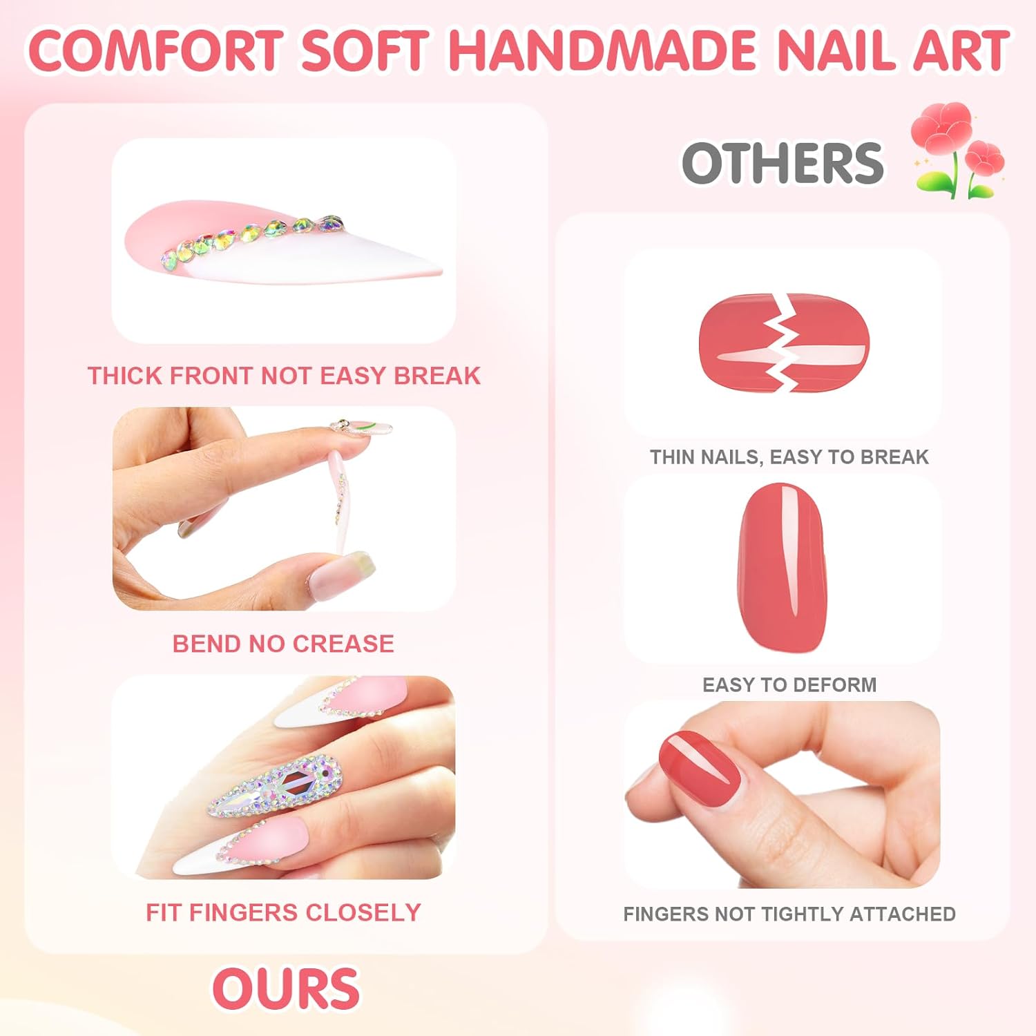 24 Pcs Short Almond French Tip Press On Nails Natural Nude 3D Charms 12 Sizes - Image 6