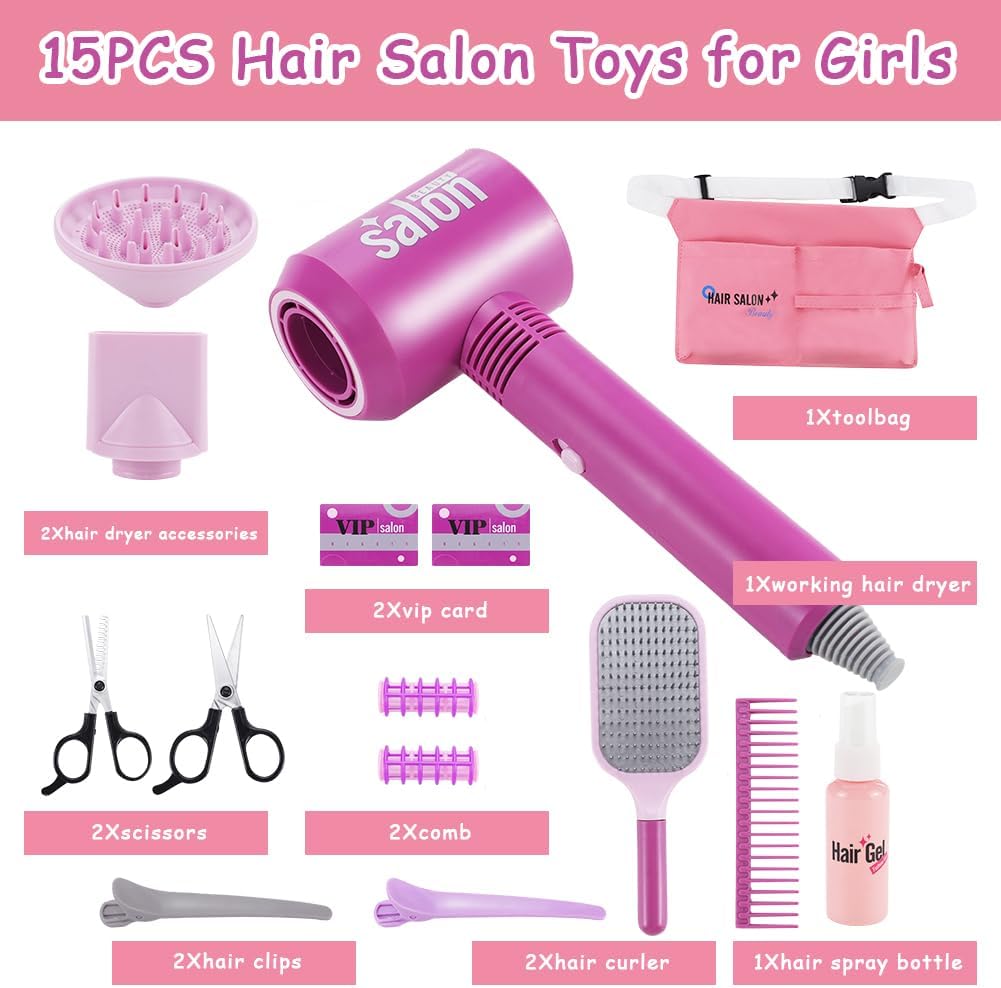 15-Piece Kids Beauty Salon Toy Set with Pretend Blow Dryer and Styling Accessories - Image 2