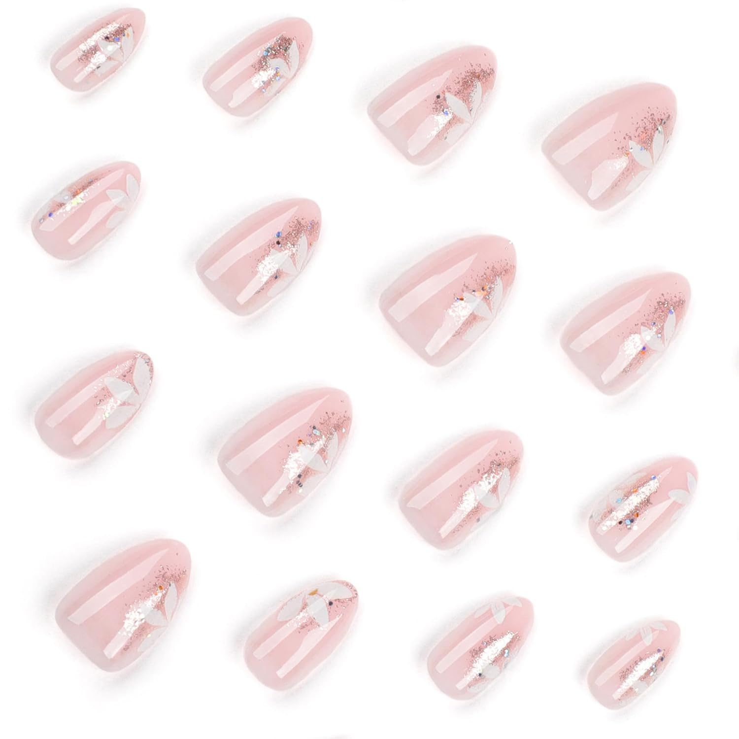 24 Pcs Short Almond Nude Press On Nails Kit with Gold Glitter and Floral Design - Image 4