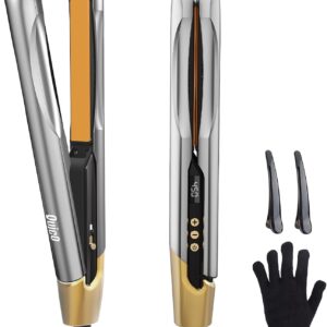 Professional Hair Straightener Flat Iron, Quico Global Use 120-240V Straightener, 12s Fast Heating, Unique Small Waist Hair Straighteners for Women Negative Ion, Ceramic Plate, Auto Off, Glove & Clip