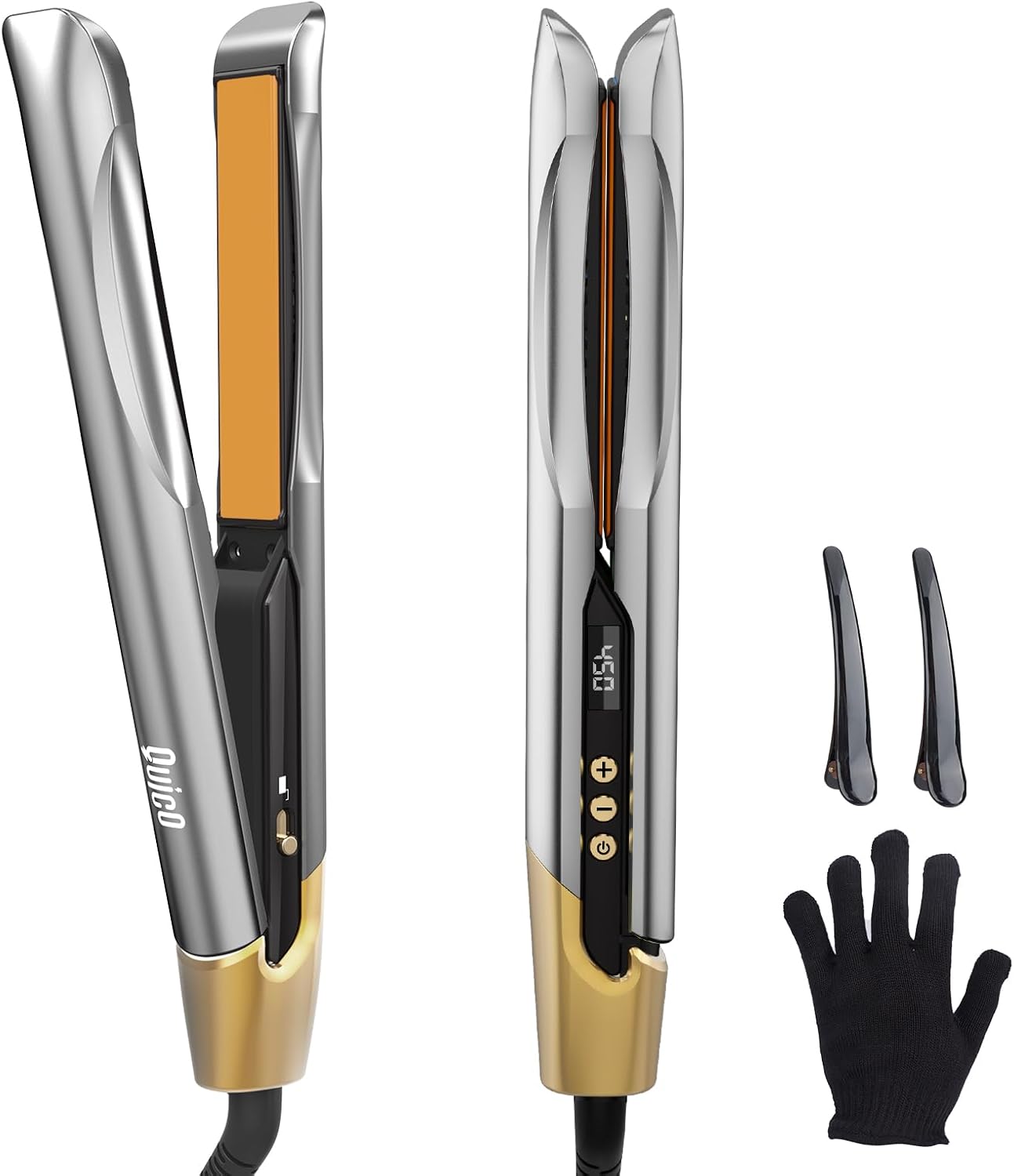 Professional Hair Straightener Flat Iron, Quico Global Use 120-240V Straightener, 12s Fast Heating, Unique Small Waist Hair Straighteners for Women Negative Ion, Ceramic Plate, Auto Off, Glove & Clip