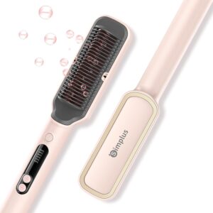 SIMPLUS Heated Hair Brush Straightener, Flat Iron with Built-in Comb, 10s Fast Heating Ionic Hair Straightener for Women with 6 Temp Settings (212℉-392℉), Anti-Scald & Auto-Off, Pink