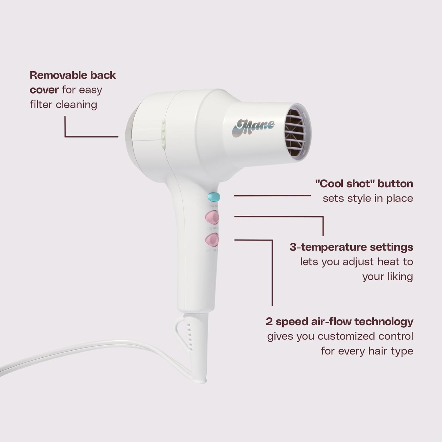Mane Ionic Compact Hair Dryer Set 4-Piece with Diffuser Comb Nozzle Frizz Reduction - Image 2