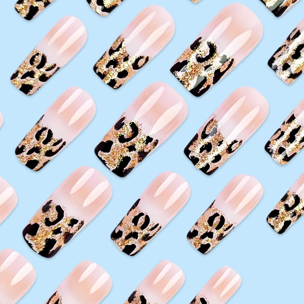 24 Piece Long Square Leopard French Press on Nails Pink White Gradient Glitter Set - Image 3