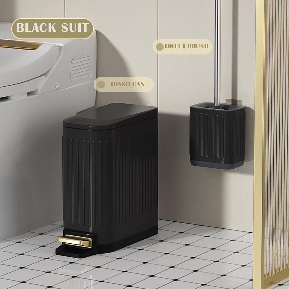 Black Metal 6-Liter Pedal Trash Can with Integrated Detachable Toilet Brush Holder for Bathroom - Image 2