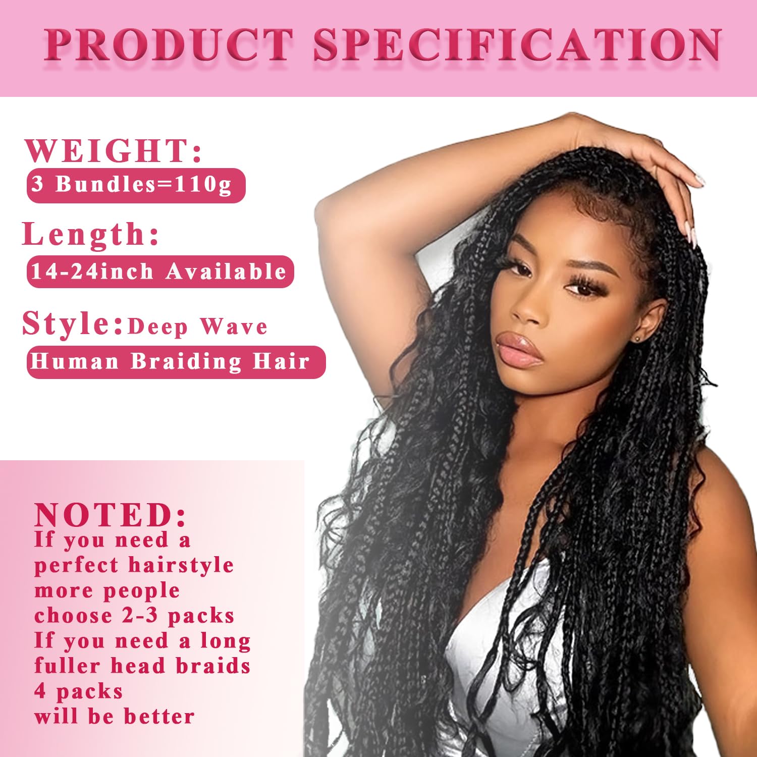 22 Inch Deep Wave Bulk Human Braiding Hair 3 Bundles 110g Natural Color - Image 5