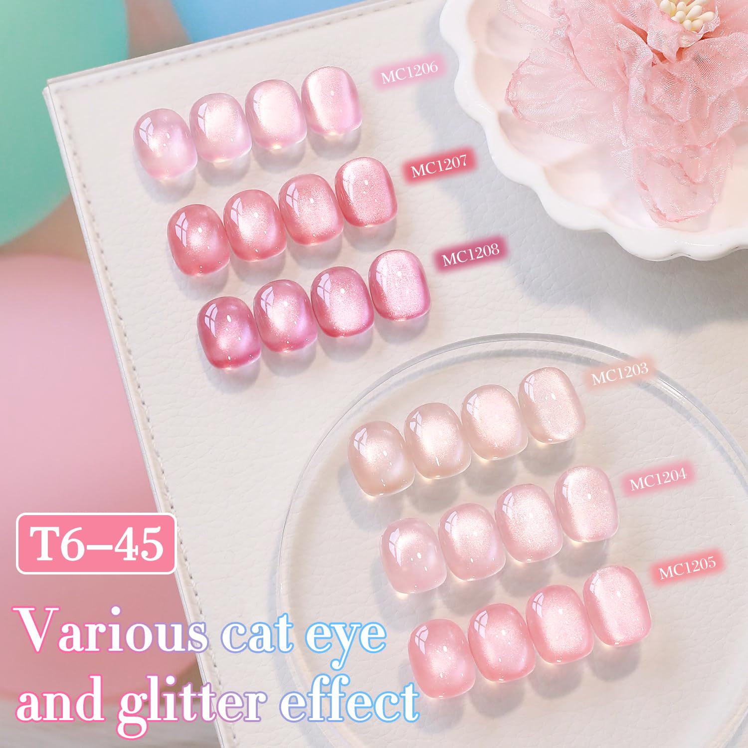 Nude Pink Holographic Glitter Double Rhythm Cat Eye Gel Nail Polish Set 6 Bottles 0.5 Oz - Image 5