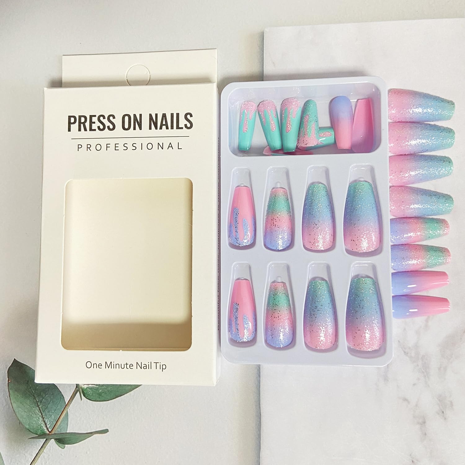 Ombre Medium Coffin Press on Nails 24 Piece Reusable Glitter Macaron Gradient Set - Image 5