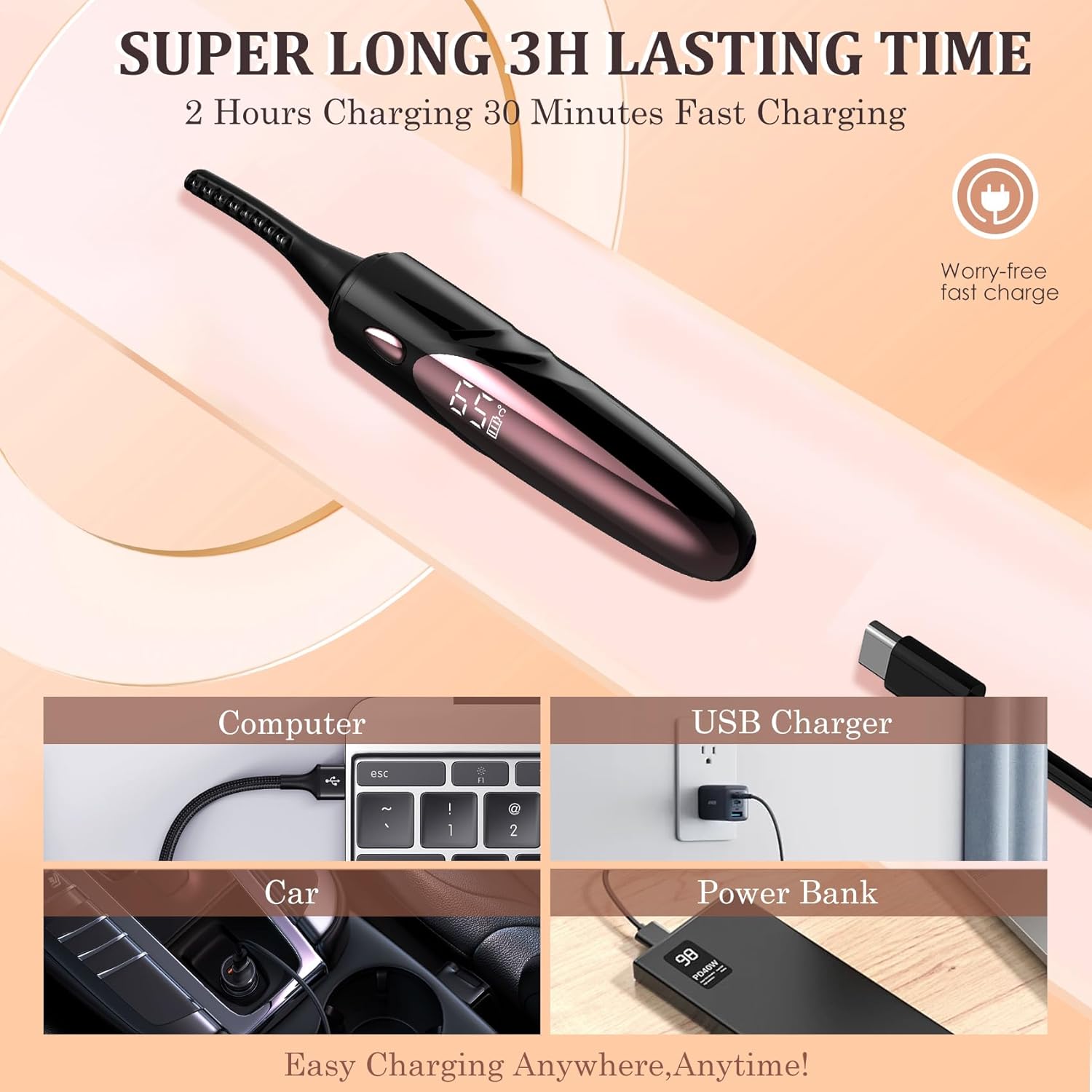 USB Rechargeable Heated Eyelash Curler Electric Makeup Tool 4 Modes LED Display - Image 7