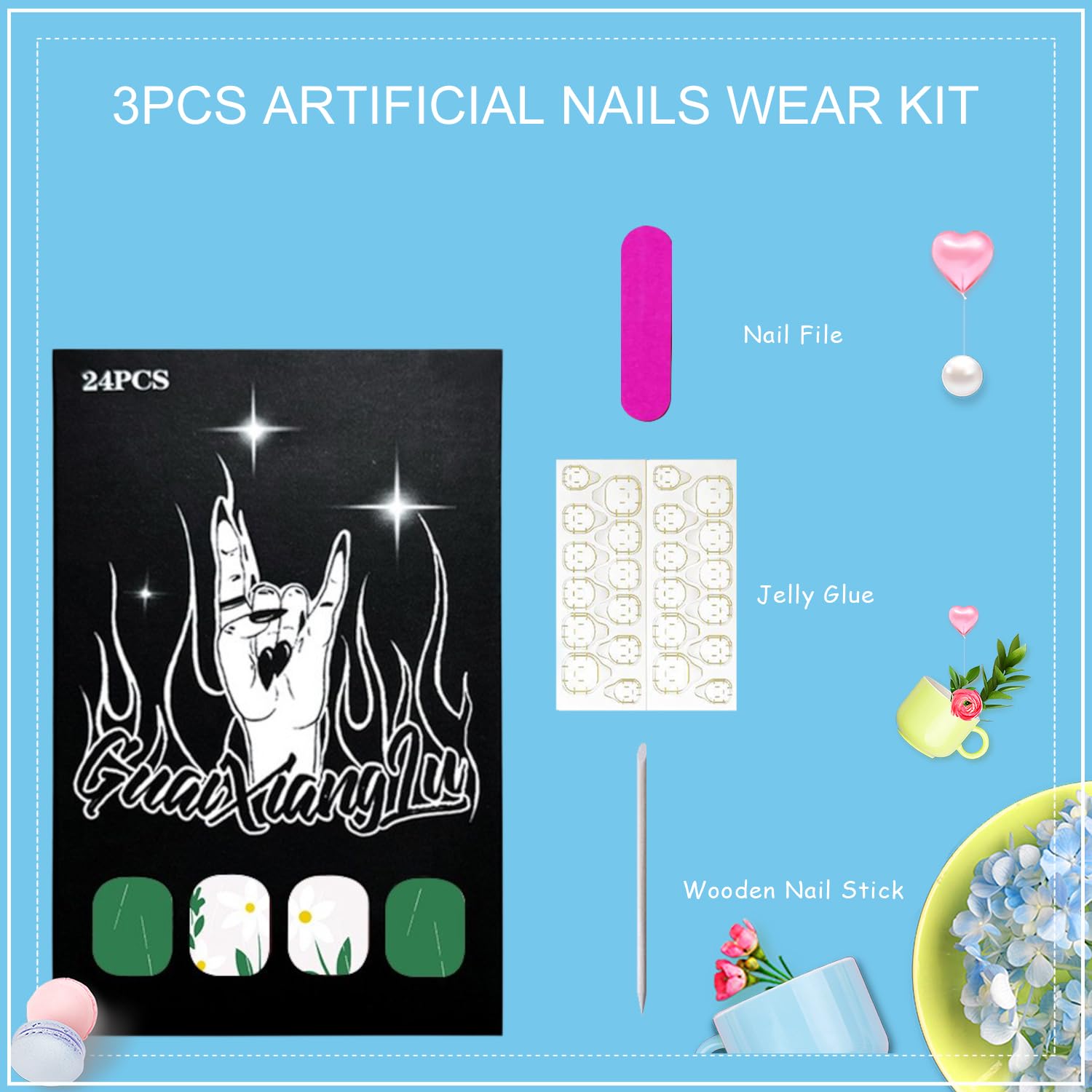 White Flowers Short Square Press on Nails Light Green Glossy Full Cover 24 Pcs - Image 6