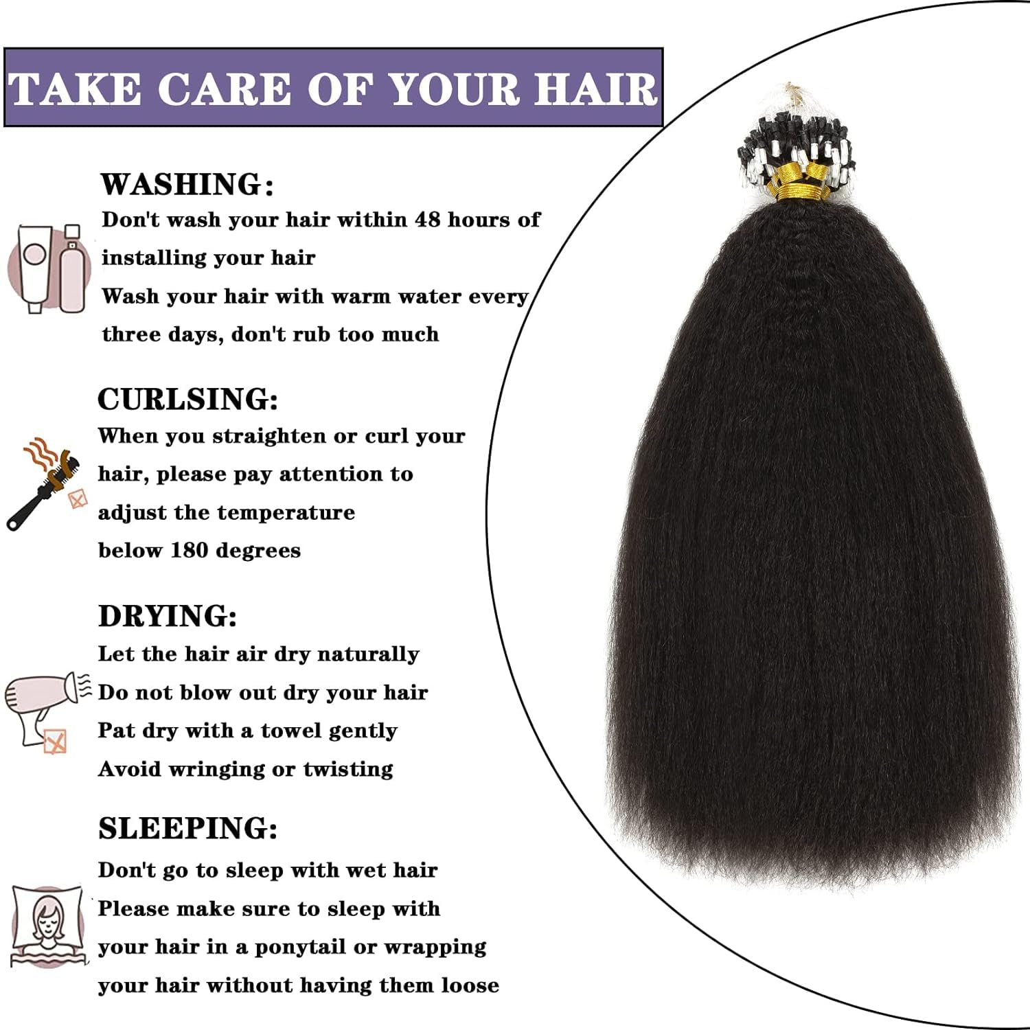 Anrosa 18 Inch Kinky Straight Micro Links Hair Extensions for Black Women, Natural Black Color - Image 7