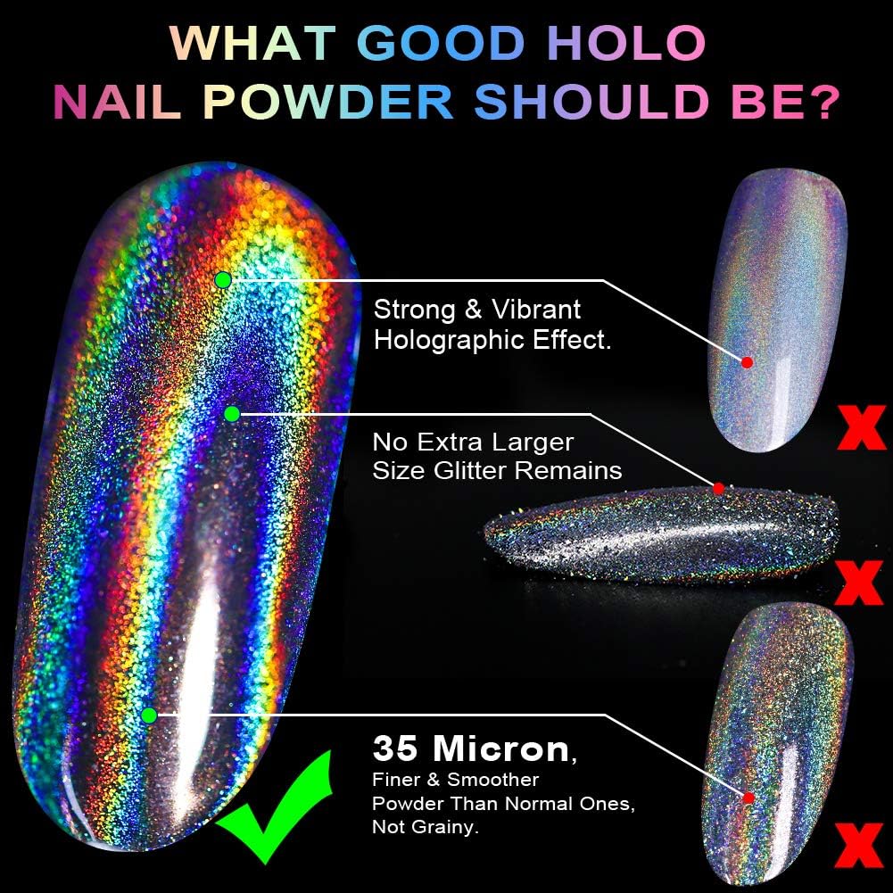 3pc Holographic Nail Powder Set with Sponge Tool, 0.04oz Each, Fine Glitter for Nail Art - Image 4