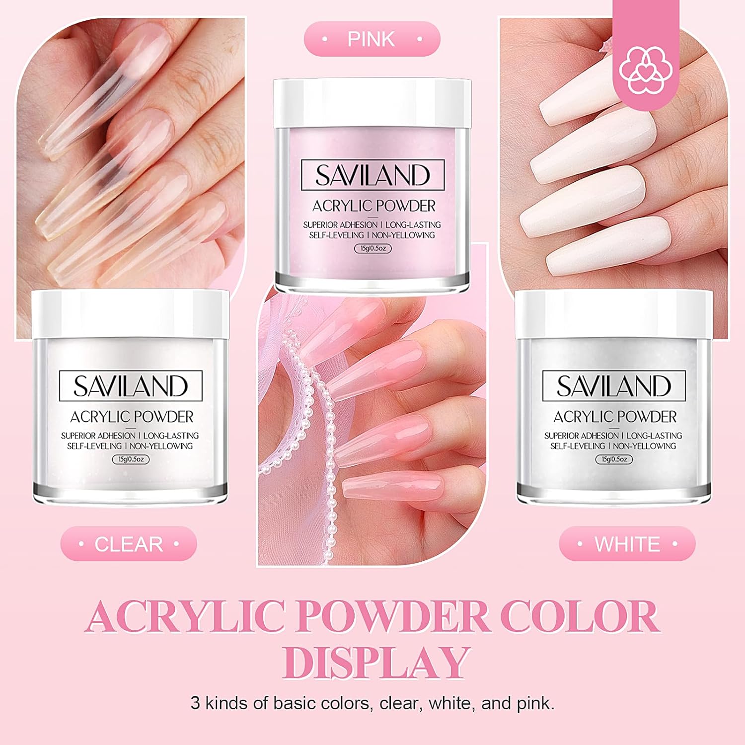 SAVILAND 15-Piece All-Inclusive Acrylic Nail Starter Kit for Beginners, Includes White, Pink, and Clear Powders with Liquid Monomer - Image 5