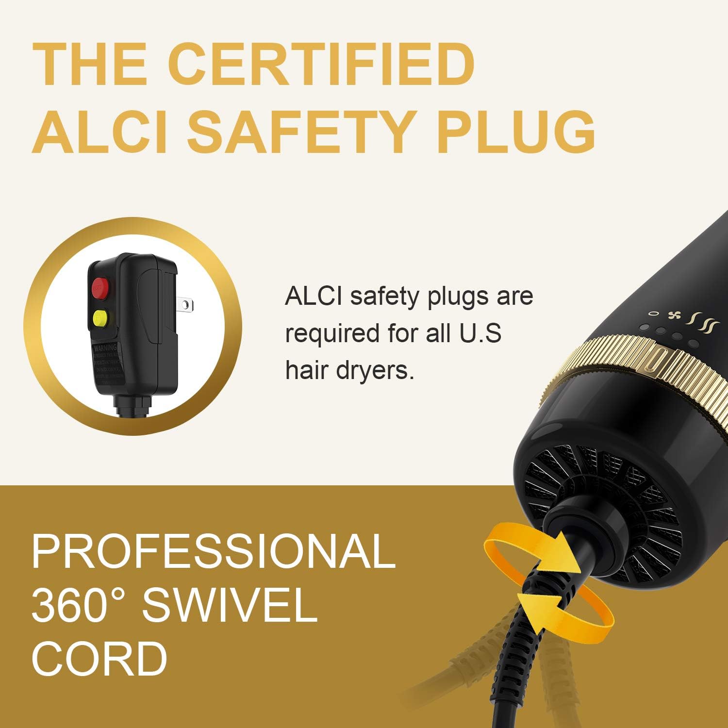 Gold 1.5-inch Hair Dryer Brush Volumizer with Ionic Technology and Swivel Cord - Image 2