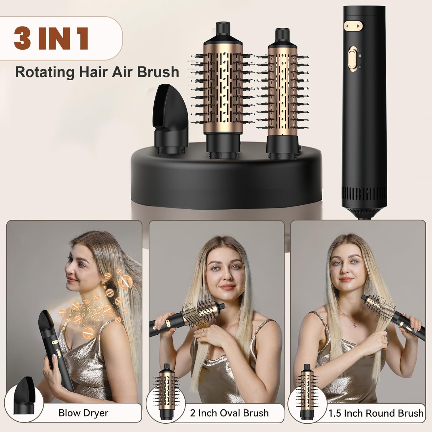 3-in-1 Rotating Hair Dryer Brush Kit with Detachable 2 Inch & 1.5 Inch Brushes and 3 Heat Settings - Image 3