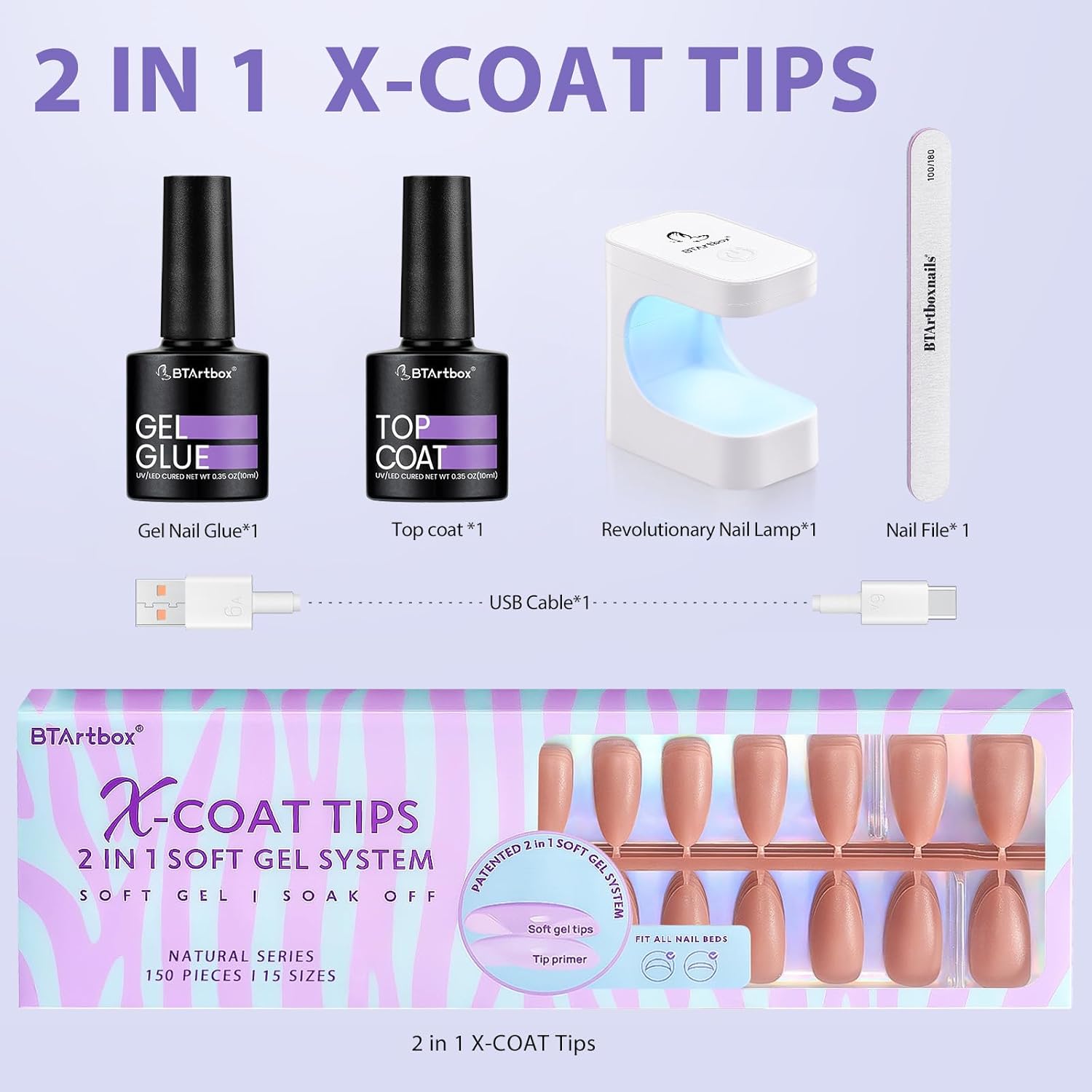 BTArtbox 150 Medium Almond Soft Gel Nail Tips Kit Brown with Glue and Lamp - Image 6