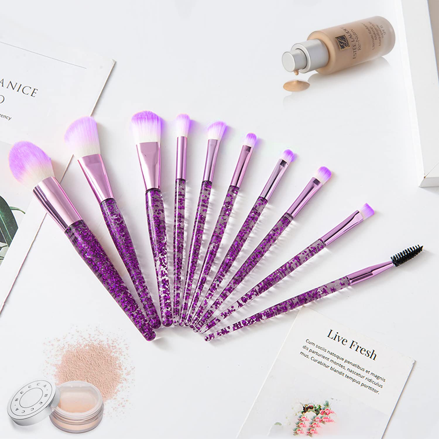 10 Piece Purple Glitter Handle Makeup Brush Set with Clear Pouch for Face & Eyes - Image 3