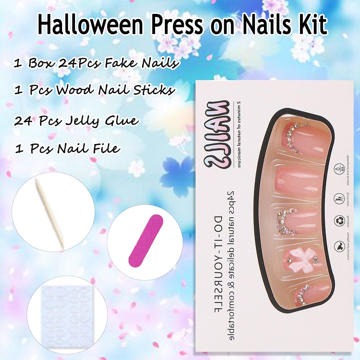 24 Piece Set Short Square Pink French Tip Press On Nails with Rhinestone Charms for Women Girls - Image 6