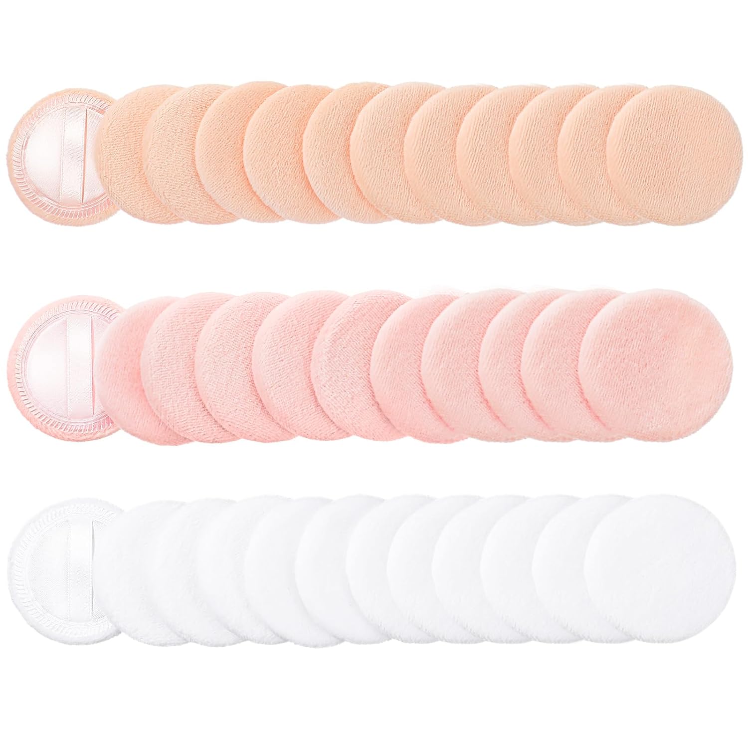 ElevateTech 36 Pcs Powder Puff, Cottons Makeup Puff Pads with Ribbon, Round Face Powder Puffs for Loose and Foundation 2.36 Inch Cosmetics Sponge Applicators for Make Up Concealer (White, Flesh, Pink)