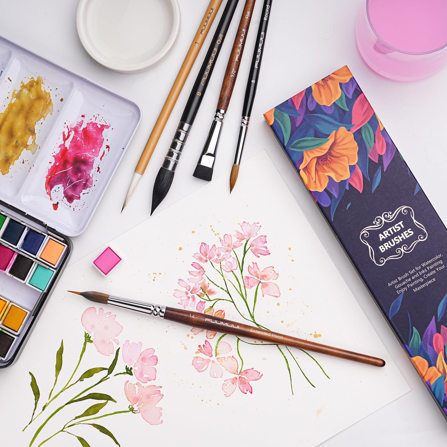 Fuumuui 5pc Professional Watercolor Paint Brush Set Sable Synthetic Round Flat - Image 6