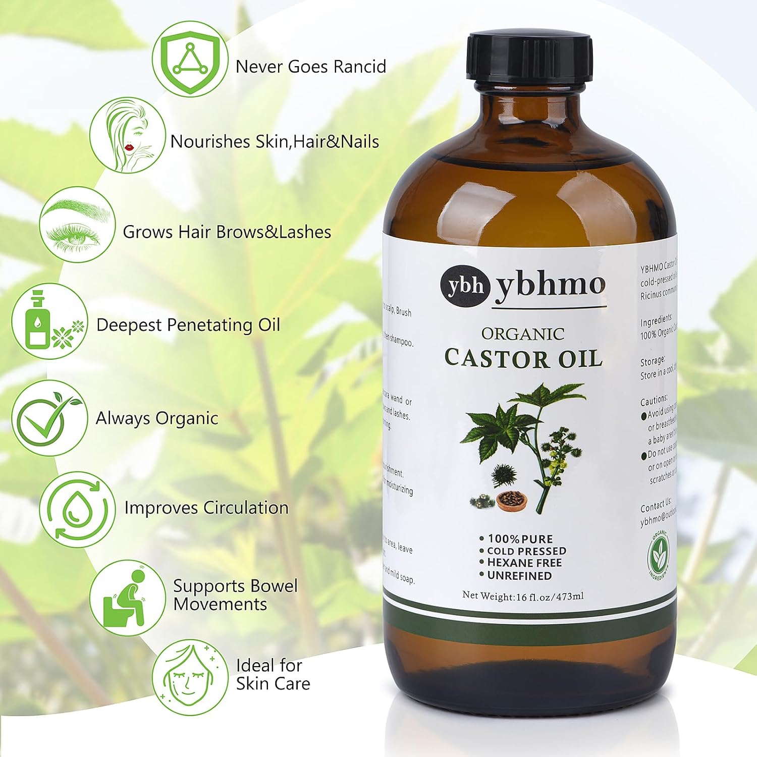 16 Fl Oz Organic Cold Pressed Castor Oil, 100% Pure Hexane Free for Hair Growth and Skin - Image 3