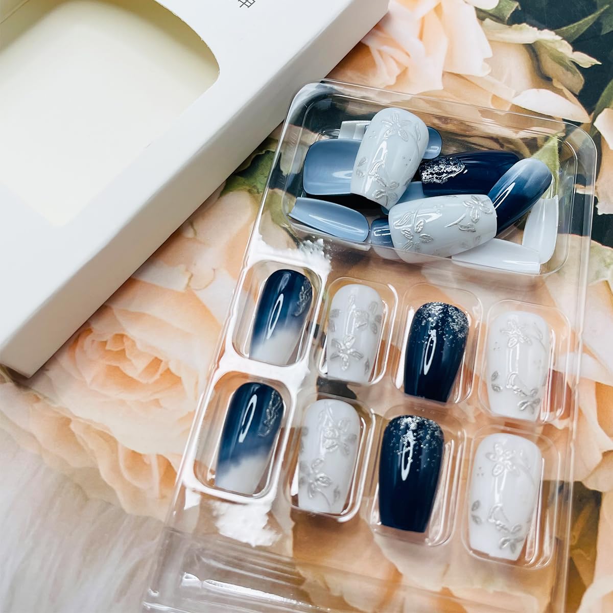 24Pcs Medium Blue Coffin Press on Nails with Silver Flower Designs and Glossy Finish - Image 3