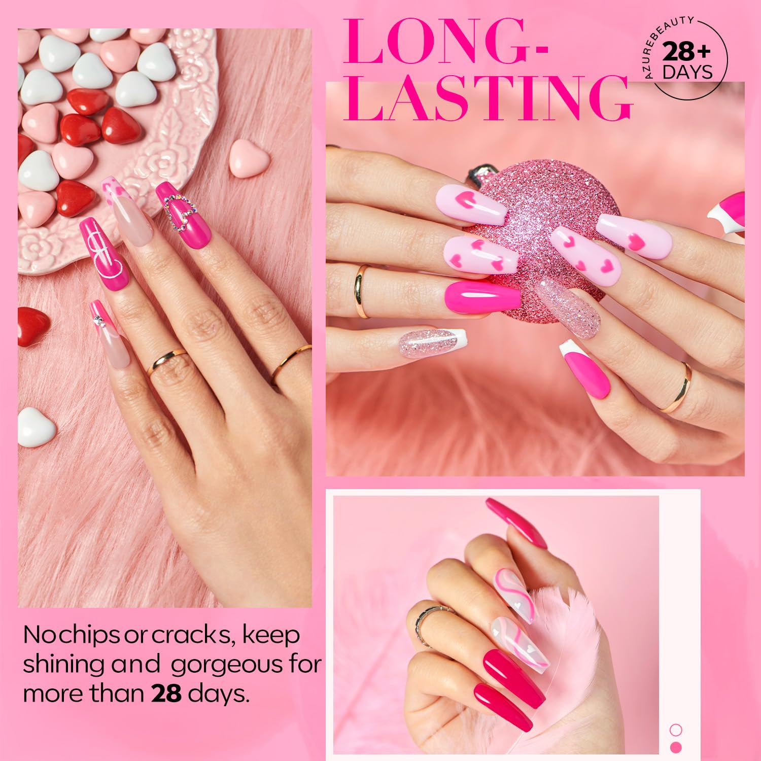Azurebeauty 8 Hot Pink Glitter Colors Dip Powder Nail Starter Kit Matte Top Coat - Image 4