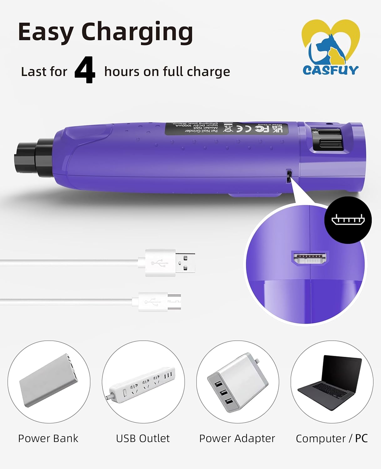 Casfuy Quiet Dog Nail Grinder 6-Speed with LED Lights for All Dog Sizes, Rechargeable - Image 8