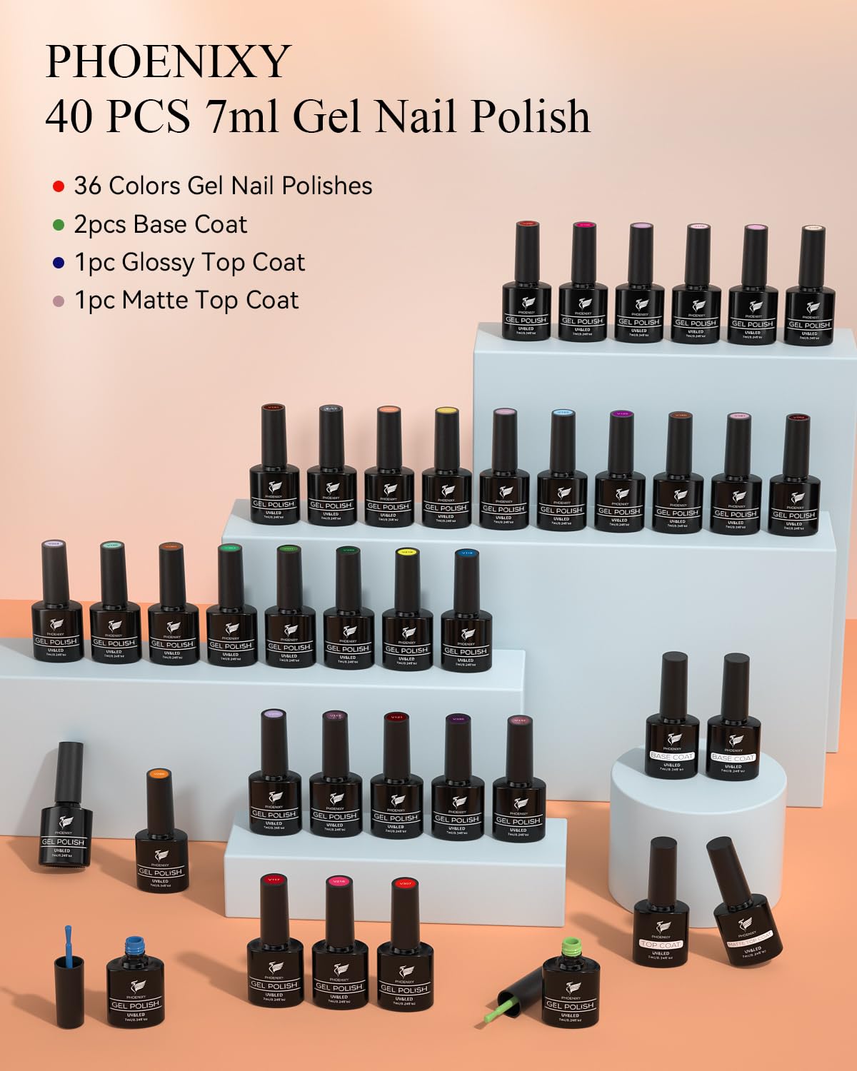 PHOENIXY 40 Piece Gel Nail Polish Set 36 Vibrant Colors with Top Coat for Salon Quality Home Manicures - Image 7