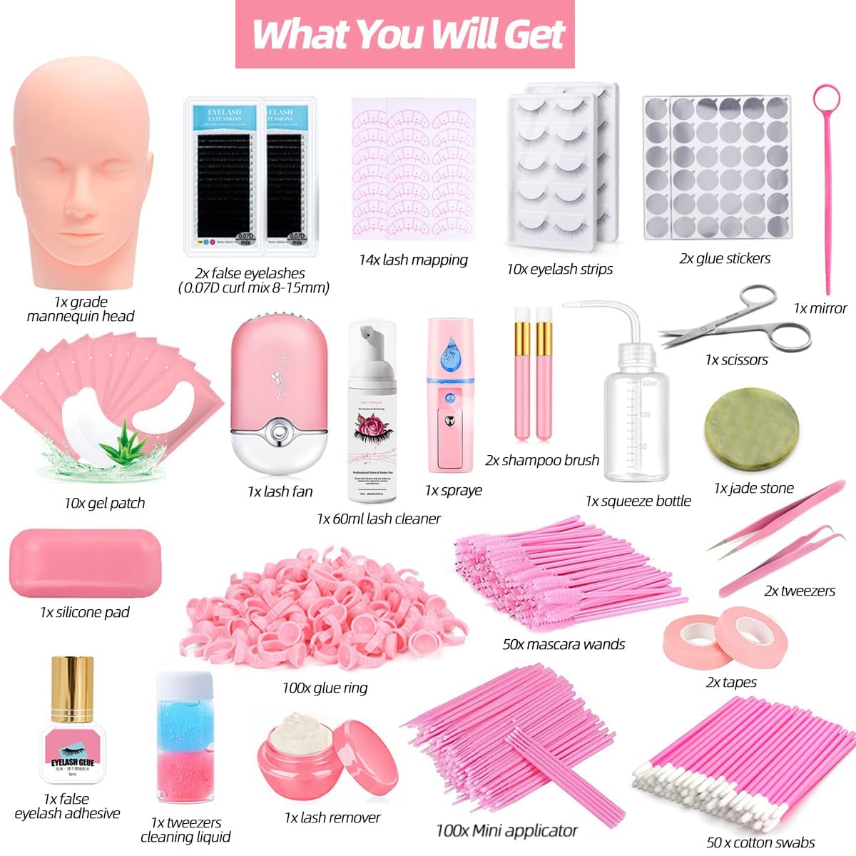 Beginner Lash Extension Kit 35pc with Mannequin Head, USB Fan, Shampoo, Practice Strips - Image 2