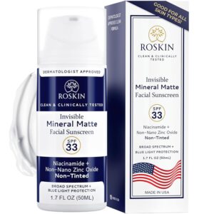 Roskin Invisible Mineral Sunscreen for Face with Non Nano Zinc Oxide - Clinically Tested Nontinted Face Sunscreen with SPF 33 Broad Spectrum & Blue Light Protection - For All Skin Types (1.7 FI Oz)