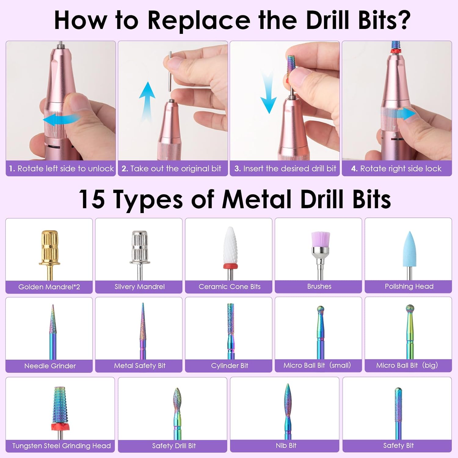 Rechargeable Electric Nail Drill 40000RPM E-Filer with 15 Bits Purple - Image 4