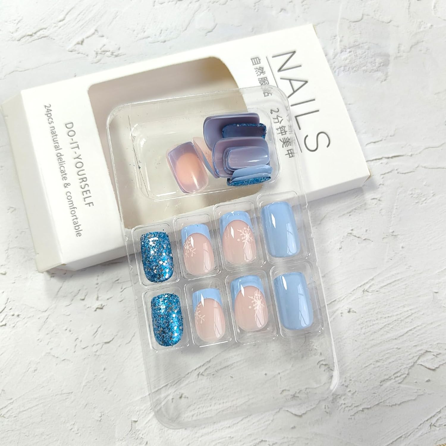 Short Square Blue Snowflake French Tip Press on Nails 24 Pcs Acrylic Kit - Image 2