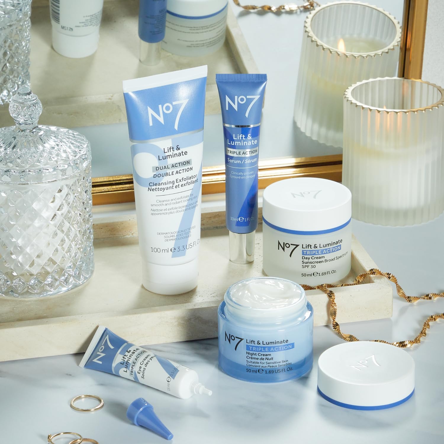 No7 Lift & Luminate Anti-Aging Skincare Set Day Cream SPF 30 Serum Night Cream 3 Piece - Image 6