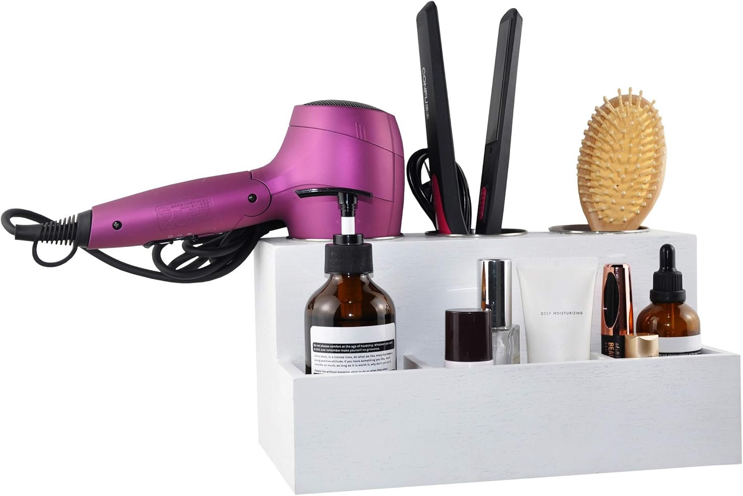 Spiretro Hair Tools Organizer - Wood White - Blow Dryer, Straightener, Curling Wand, Brushes Holder - Vanity & Bathroom Storage - Wall Mount or Sit on Counter