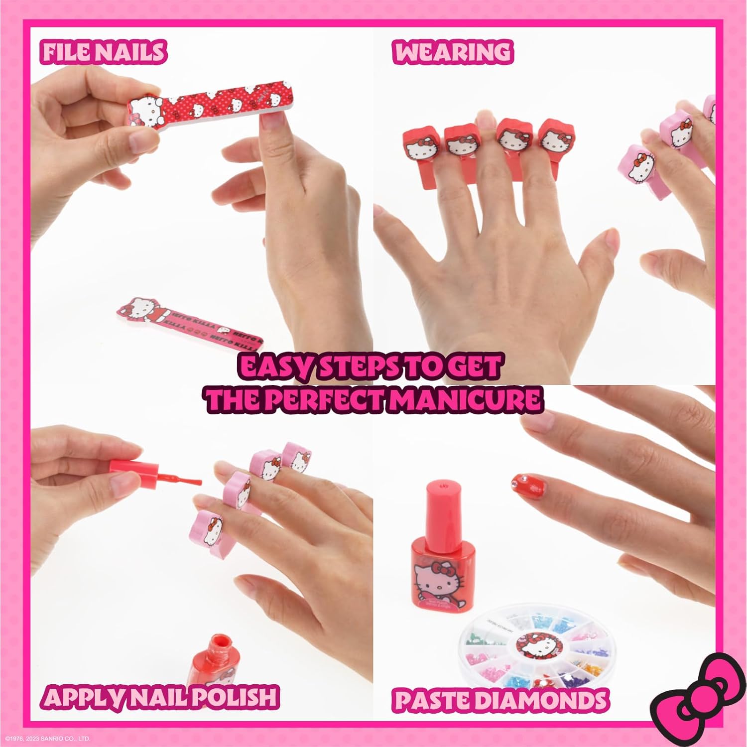 Hello Kitty Kids Peel-Off Water-Based Nail Polish Set, Glittery Opaque Colors with Accessories, Ages 3+, New - Image 5