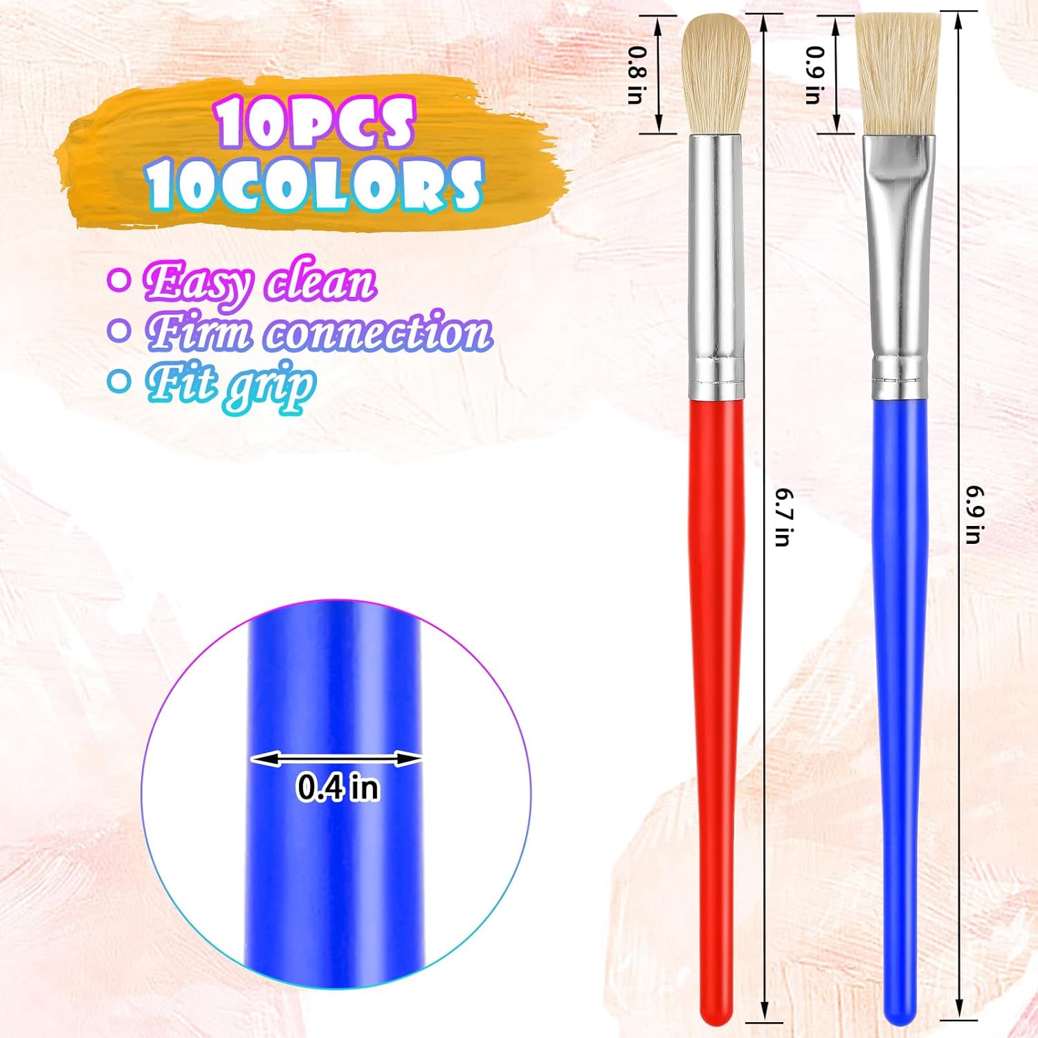 YGAOHF 10pc Kids Paint Brush Set, Round & Flat, Easy-Grip, For Acrylic Watercolor Oil - Image 2