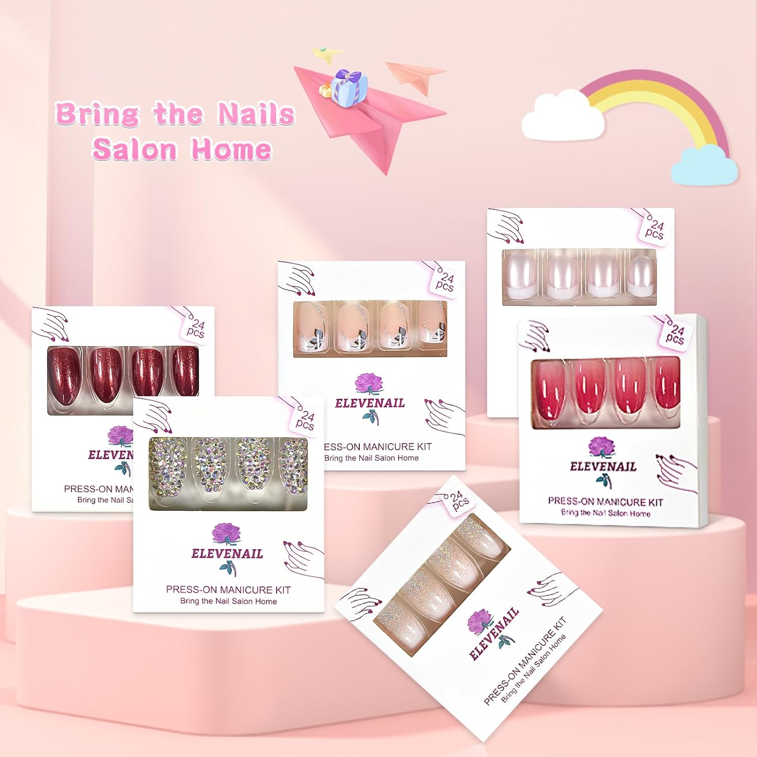 Medium Long Square Reusable Glitter Press-On Nails with Adhesive Tabs and File - Image 7