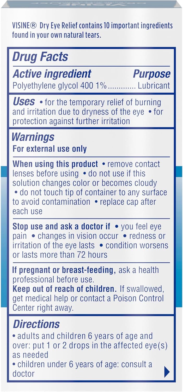 Visine Dry Eye Relief Eye Drops, 0.5 fl. oz, Artificial Tears with Polyethylene Glycol for Moisturizing and Soothing Dry Eyes - Image 8