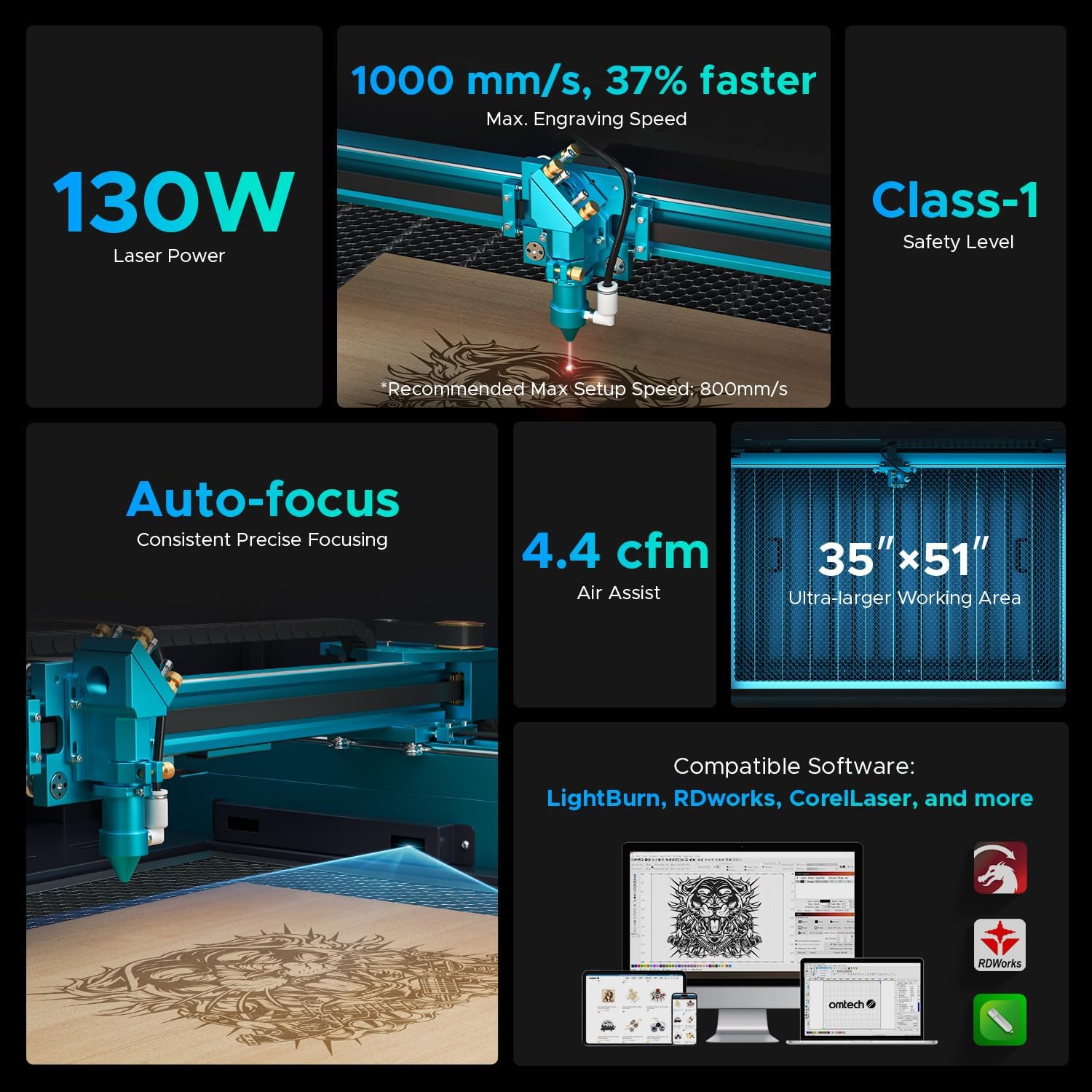 OMTech Pronto 130W CO2 Laser Engraver Cutter 51x35 Workspace Autofocus Air Assist - Image 3