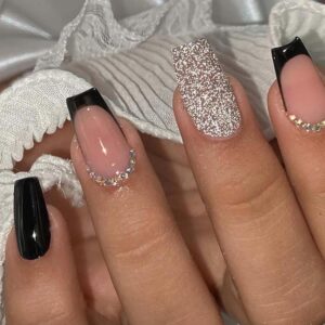 Long Press on Nails Black French Tip Fake Nails Rhinestone Full Cover Coffin Nails Silver Glitter Sparkling Designs Acrylic Nails Glossy Nude French Artificial False Nails Long Glue on Nails for Women
