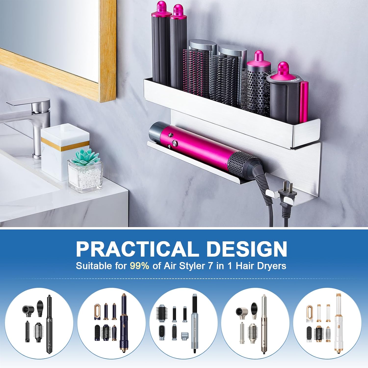 Stainless Steel Hair Dryer Holder Wall Mount Organizer for Bathroom Hair Tool Storage - Image 4