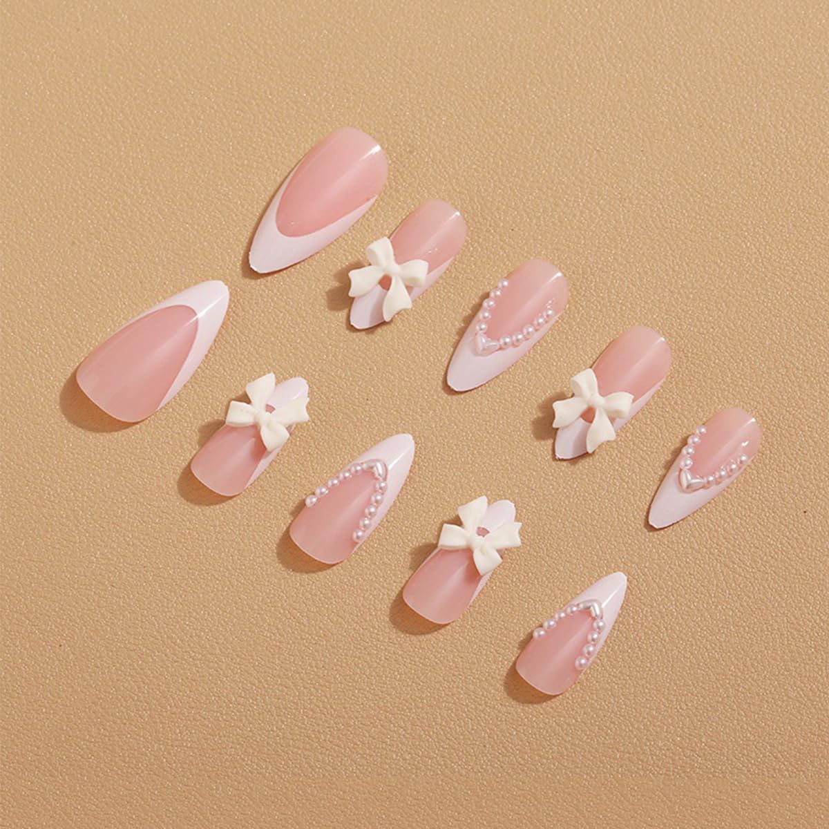 Medium Glossy Almond French Tip Pearl Bow Design Press on Nails 24 Count - Image 4