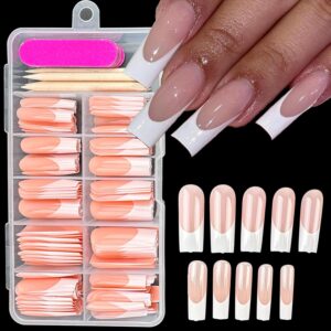 White French Tip Press on Nails Long Square Fake Nails Full Cover Glossy False Nail with Designs White French Glossy Glue on Nails Long Acrylic Artificial Stick on Nails for Women Maniucre Kit 120 Pcs