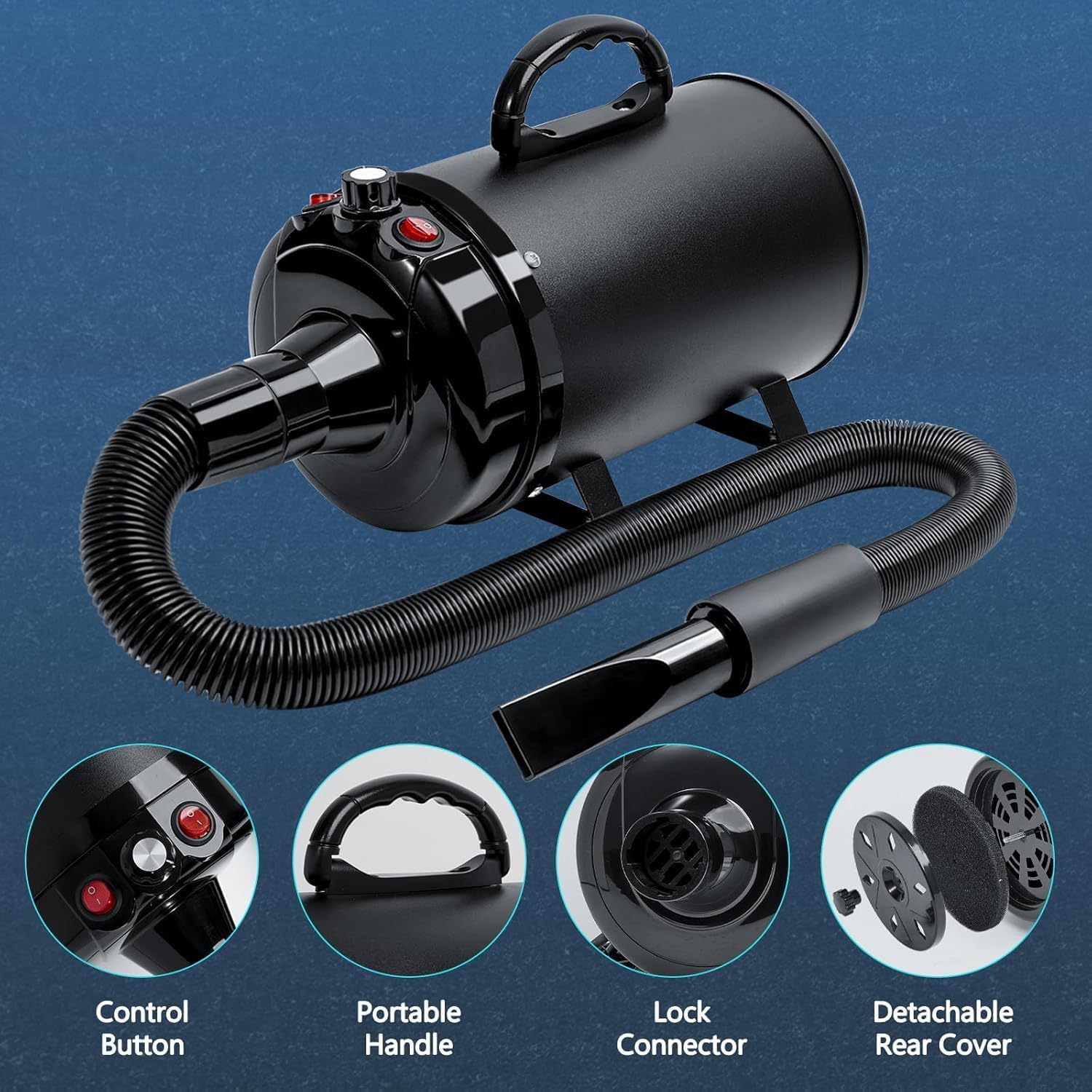 High Velocity Pet Grooming Dryer 5.2HP 3800W, Adjustable Speed & Temp, 4 Nozzles & Comb - Image 6